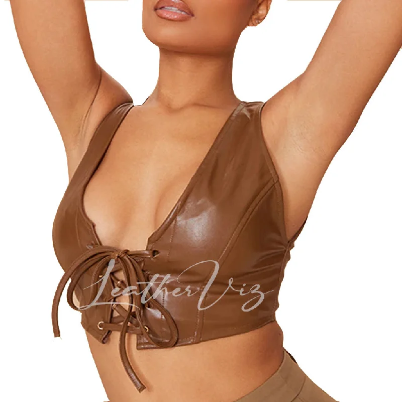 FRONT LACE-UP DETAILING HOT LEATHER CROP TOP Zippered Front Buttoned Front Snap Front