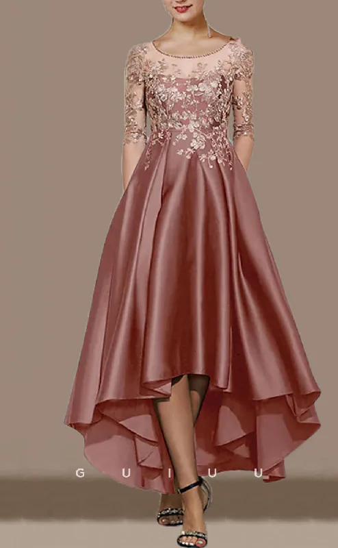 GM702 - Classic & Timeless A-Line Round Half Sleeves Appliques High Low Tea-Length Mother of the Bride Dress Tunics Top rated