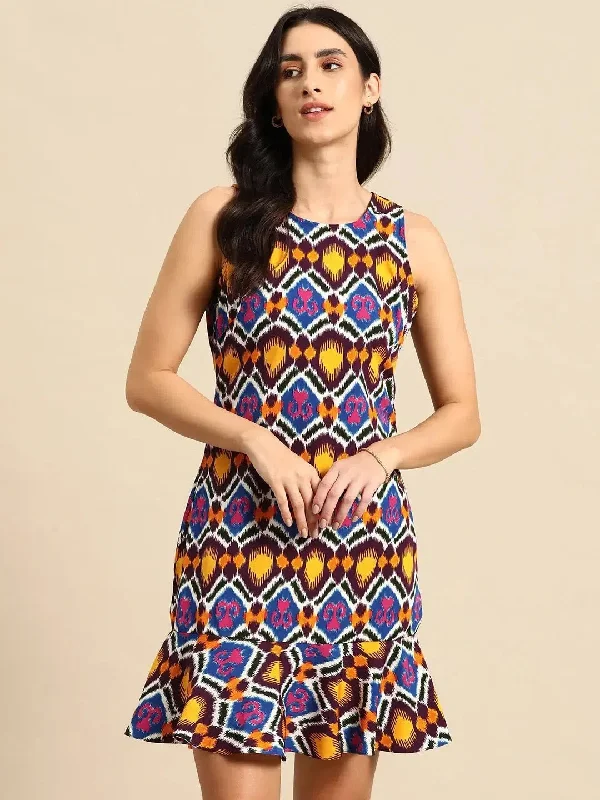 Shift Dress with flare at the hem in Multi Color Ikkat Print Tunics Brand named