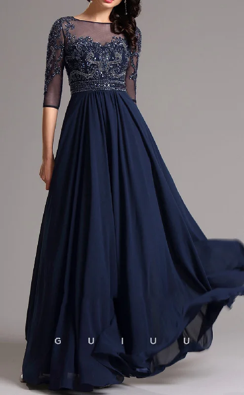 GM704 - Classic & Timeless A-Line Paneled Bateau Beaded Half Sleeves Floor-Length Draped Mother of the Bride Dress Tunics Short Trendy