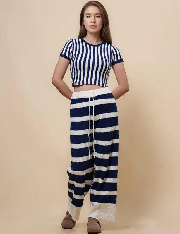 Ladies Striped Crop Top and Pants Sets SKST476 Handmade Hand-knitted Hand-woven
