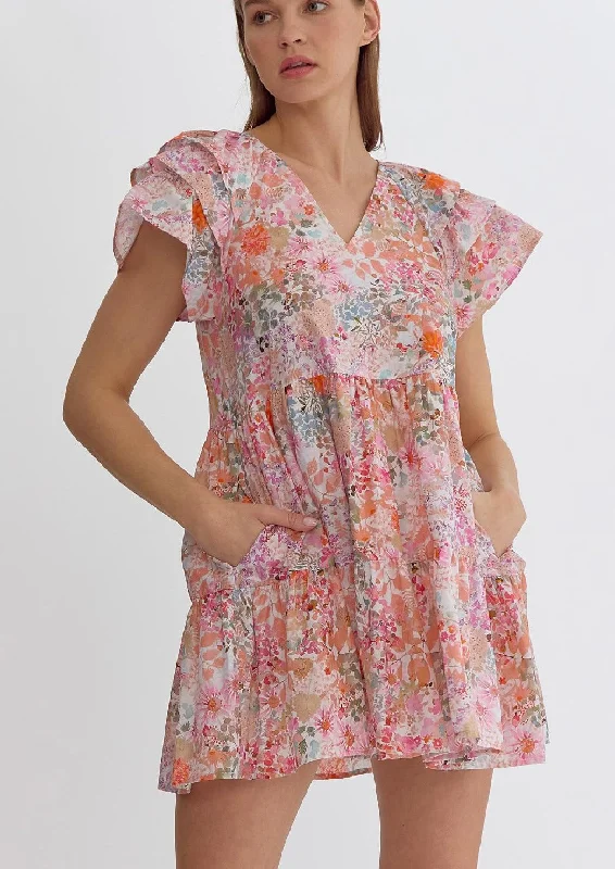 floral poplin flutter dress Tunics Practical easy-care