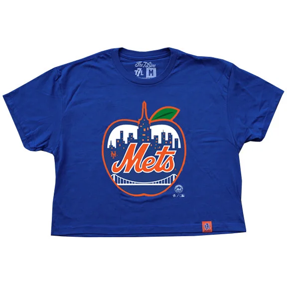 METS APPLE | Ladies Crop Top (Blue) Zippered Front Buttoned Front Snap Front