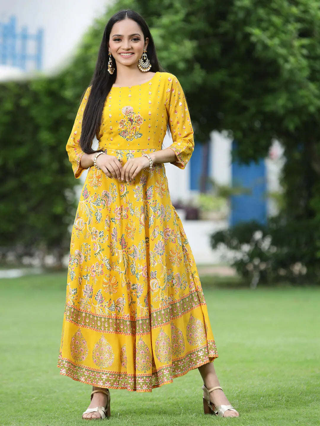 Juniper Women's Mustard Georgette Printed Flared Dress Tunics Ceremony elegant