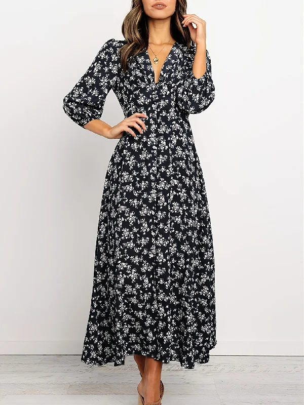 Ditsy Floral V Neck Long Sleeve Maxi Ruffled High Waist Casual Summer Dress Tunics Spring floral