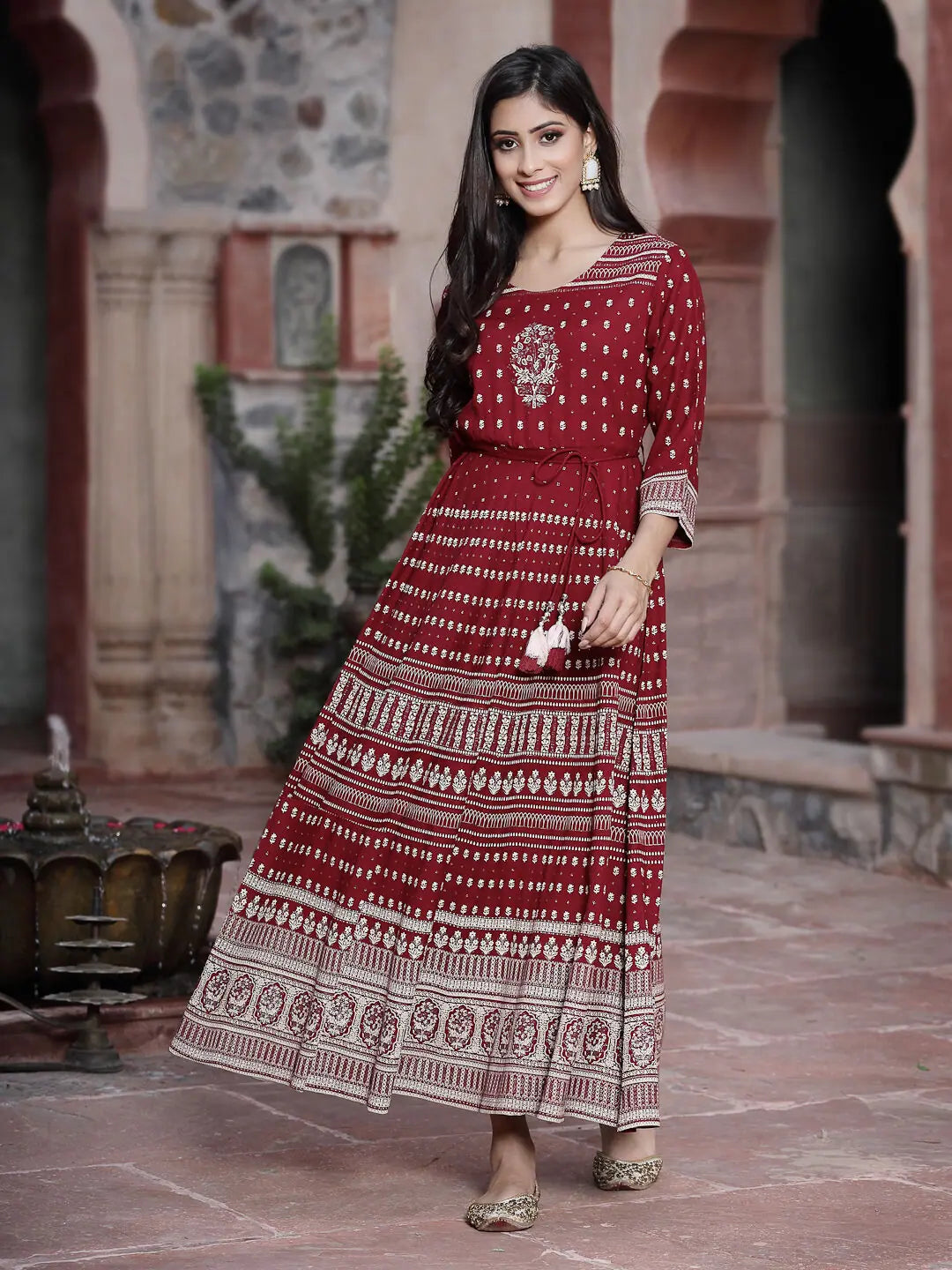 Juniper Women's Maroon Lite Rayon Printed Flared Dress Tunics Versatile stylish