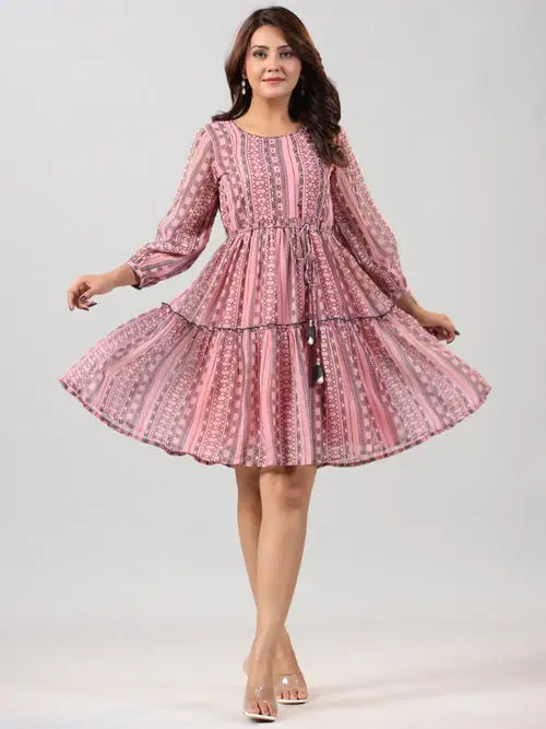 Juniper Women Peach Georgette Printed Short Tiered Dress Tunics Chinos classic