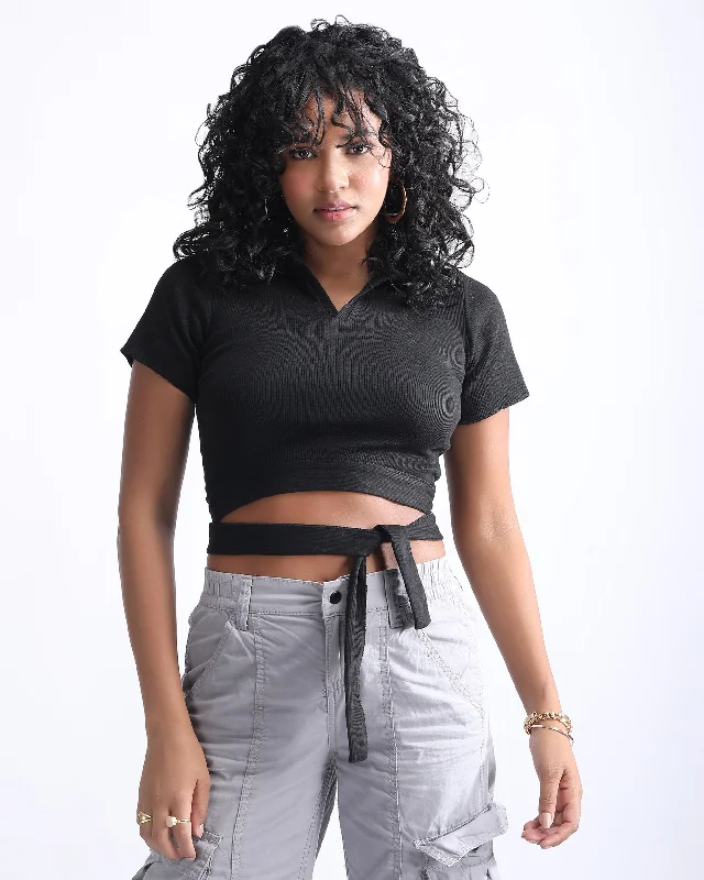 TIE KNOT RIBBED CROP TOP Houndstooth Herringbone Solid
