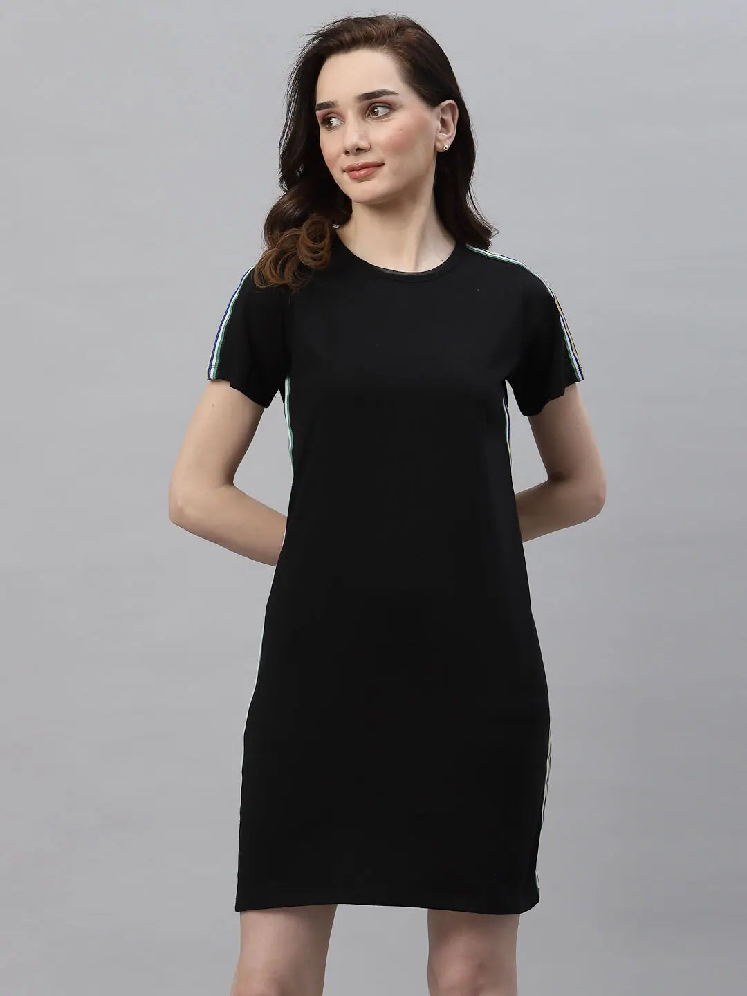 Rigo Women Black Round Neck Side Tape Dress Pencil Office Professional