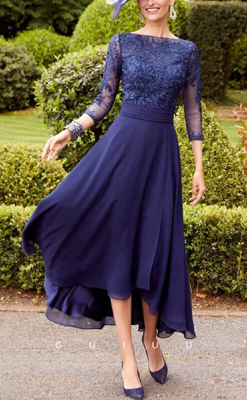 GM716 - Classic & Timeless Bateau Lace Quarter Sleeves High Low Tea-Length Mother of the Bride Dress Tunics Cozy comfortable