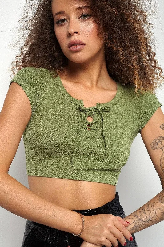 Short Sleeve Lace-up Crop Top SKT3009 Collared Crew Neck Turtle Neck