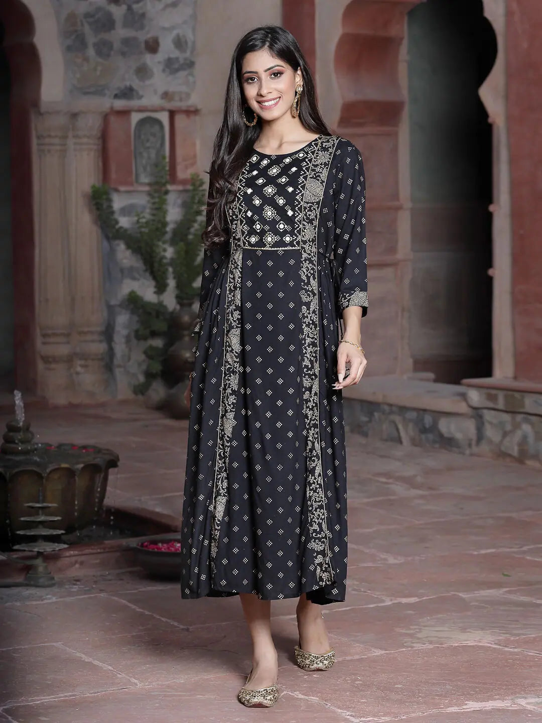 Juniper Women's Black Rayon Printed Embroidered Flared Dress Tunics Seasonal trendy