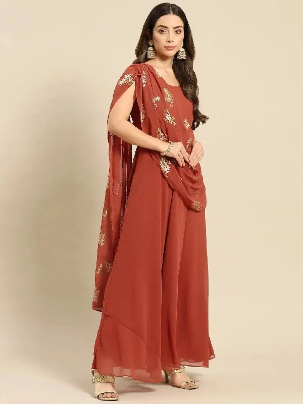 Long flare dress with dupatta drape in Rust Tunics Versatile all-occasion