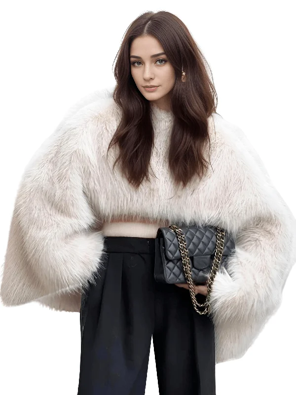 Elegant Women's Faux Fur Crop Top Long Lantern Sleeves Thick Sweaters Female Autumn Winter Fashion Solid Warm Outwears Lady Summer Crop Top Casual Short Sleeve