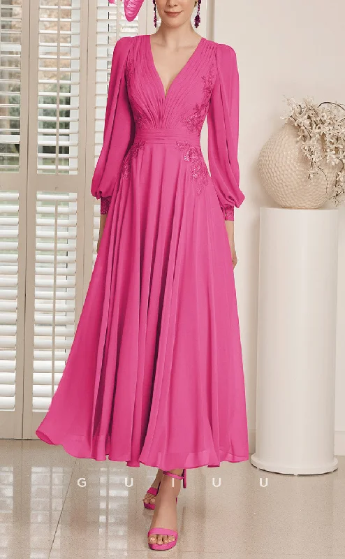 GM721 - Elegant & Modern A-Line V-Neck Long Lantern Sleeves Draped Ankle-Length Mother of the Bride Dress Tunics Brand named
