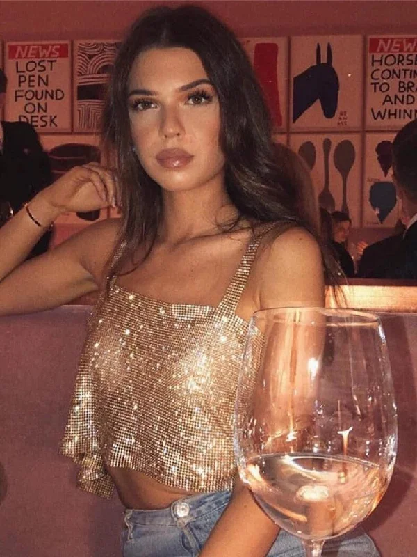 Bling Rhinestone Party Crop Top Backless Straps Full Diamonds Boxy Fit Fitted Loose