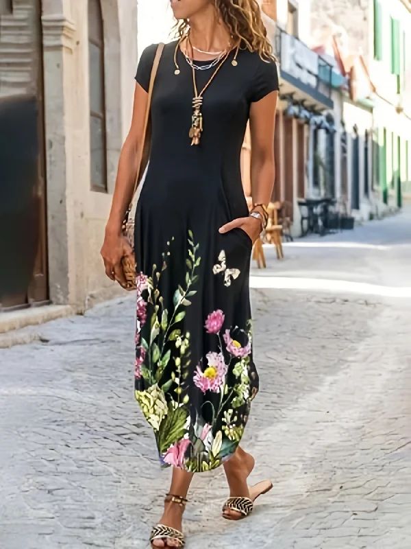 Floral Print Short Sleeve Crew Neck Casual Dress For Spring Summer Tunics Brand named