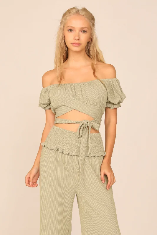 Soft Olive Rib Knit Wrap Crop Top Mesh Fabric Canvas Fabric Denim Fabric