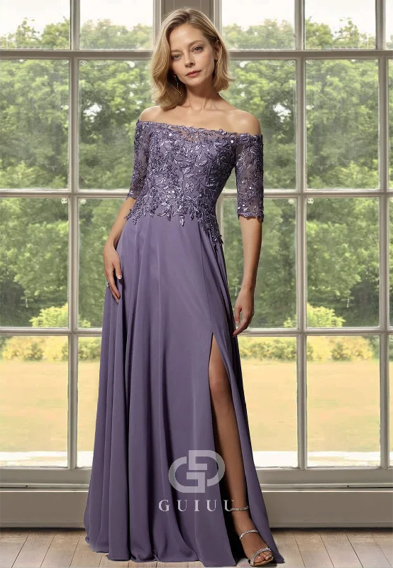 A-Line Off-Shoulder Half Sleeves Corset Appliques Side Slit Satin Mother of the Bride Dress Tunics Wedding white