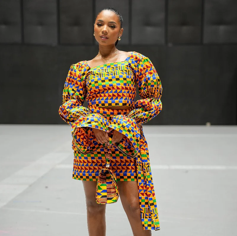 Afia Kente Crop Top and Drape Skirt Set Mesh Blend Leather Blend Suede Blend