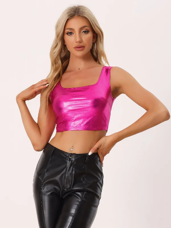 Sleeveless U Neck Party Holographic Shiny Metallic Crop Top Wool Fabric Cashmere Fabric Tweed Fabric