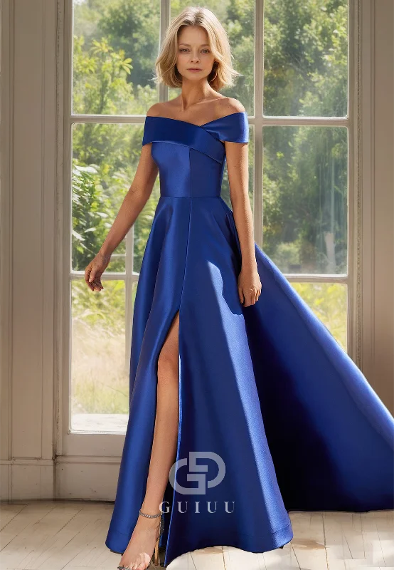 Elegant A-Line Off-Shoulder Empire-Waist Slit Mother of the Bride Dress Tunics Chinos classic