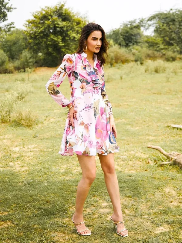 Frill Neck mini skater dress in Off white Print Tunics Modern contemporary