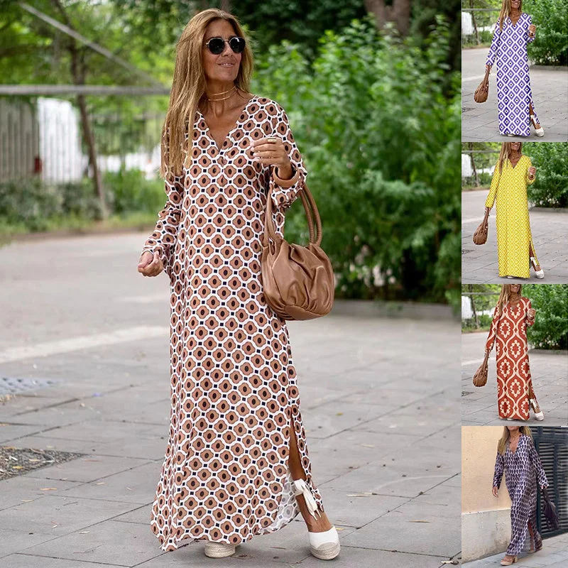 Summer Geometric Printed V-neck Long Dress Fashion Long Sleeve Slit Dresses For Women Tunics Satin smooth