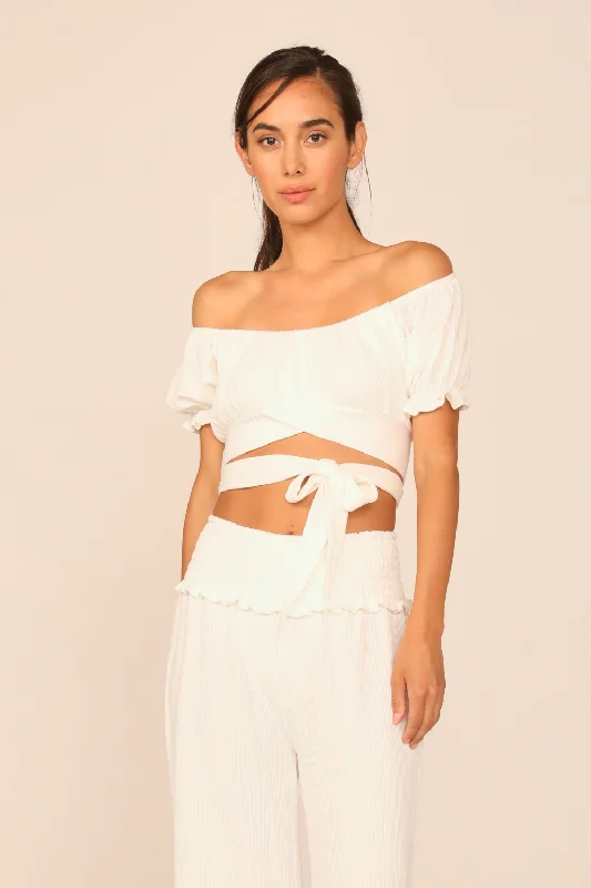 Coconut Milk Rib Knit Wrap Crop Top Ribbed Striped Patterned