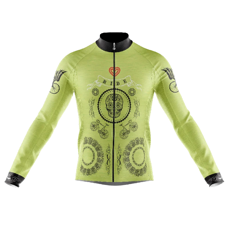 Skull & Gears Green Long Sleeve Cycling Jersey Beige Jersey Tee