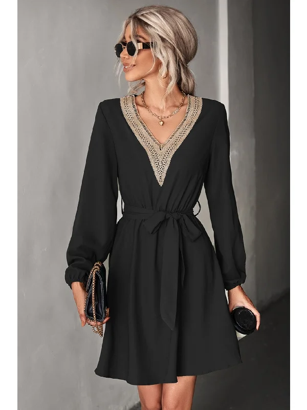 Elegant V-neck Casual Loose Solid Lace Long Sleeve Fashion Waist Belt Dresses Off-the-shoulder Chic Trendy