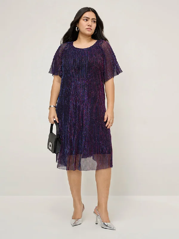 Gia Purple Shimmer Plisse Design A-Line Dress Tunics Cozy soft