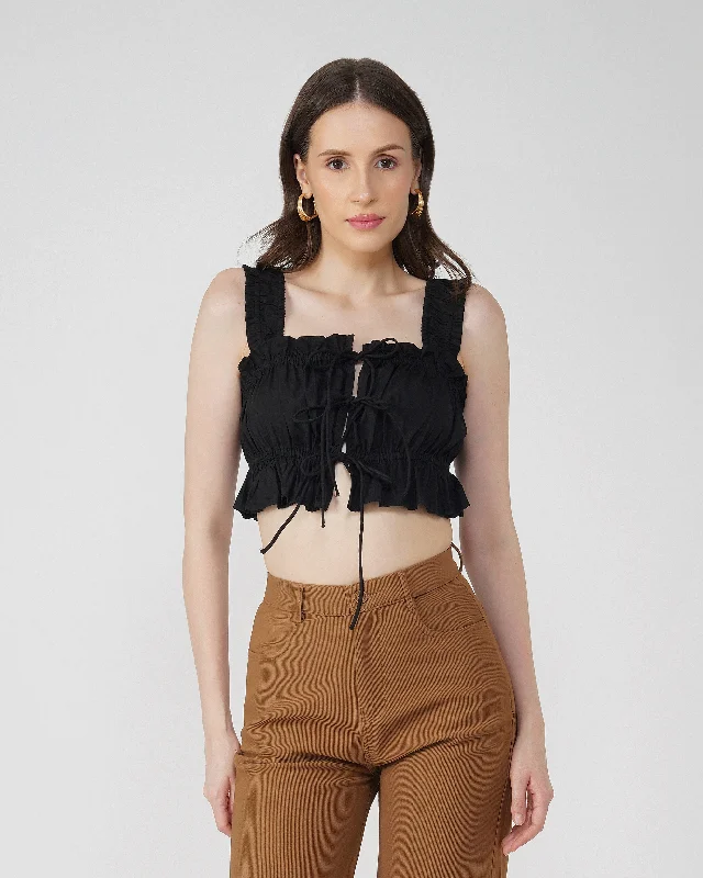 BLACK RUCHED CROP TOP Striped Floral Plaid