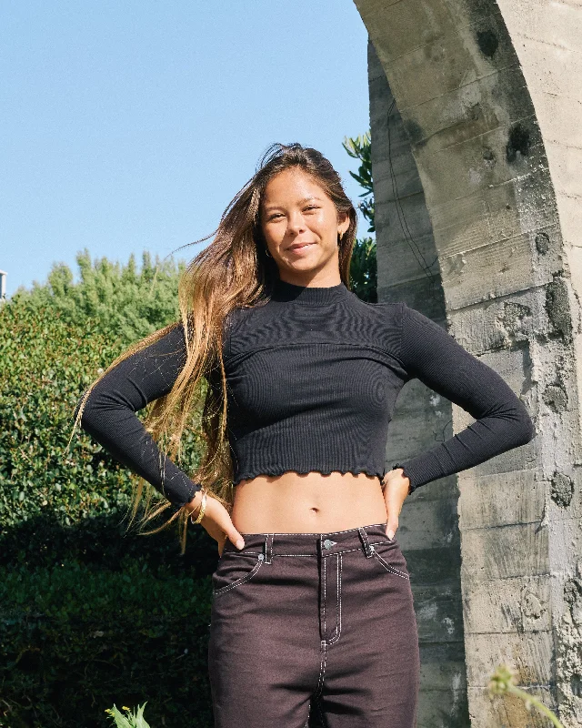Saved Long Sleeve Long Sleeve Crop Top - Black Wool Fabric Cashmere Fabric Tweed Fabric