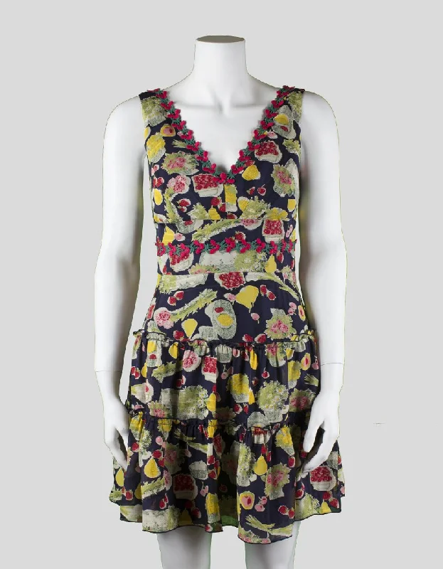 Anna Sui Sleeveless V-Neck Navy Dress With Cherry And Fruit Flower Design Size 4 Tunics Exclusive limited