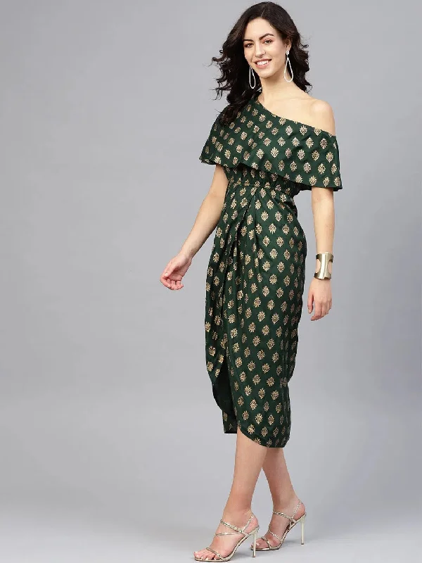One Shoulder Yoke Overlap Printed Dress-Tp0434Rp7-S Boat Neckline Classic