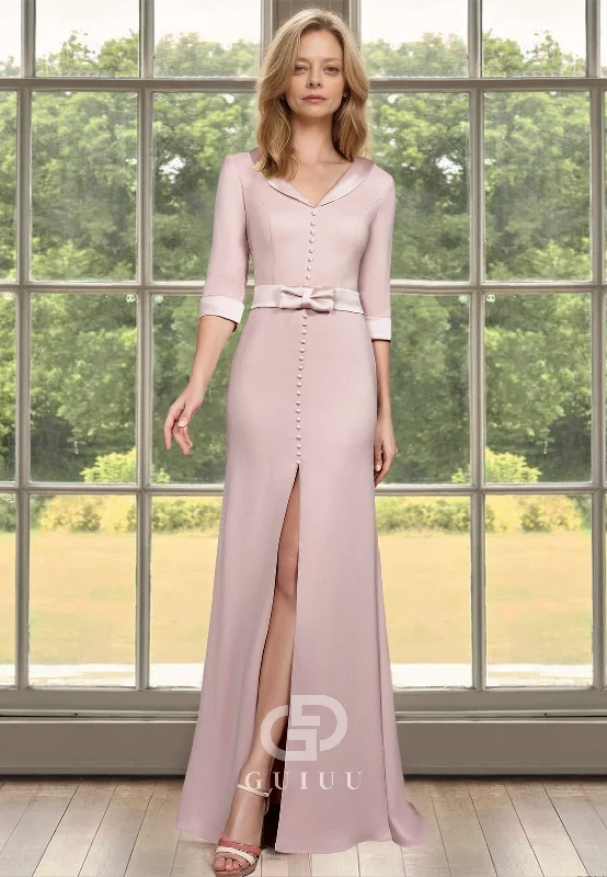 Blushing Pink A-Line Half Sleeves Scoop Empire-Waist Slit Satin Mother of the Bride Dress Tunics Sale discount