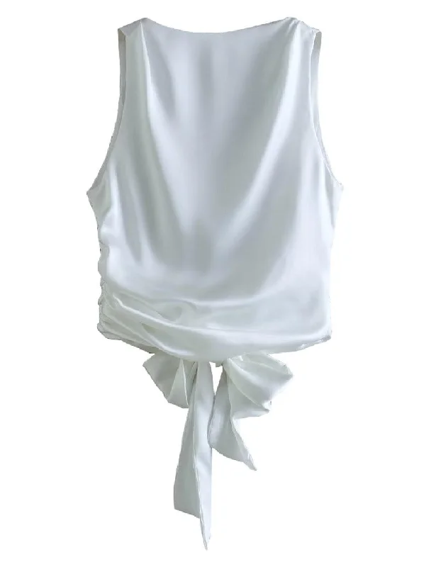 Ladies Solid Color Stain Tie Back Crop Top 2650T Sequined Glittery Shiny