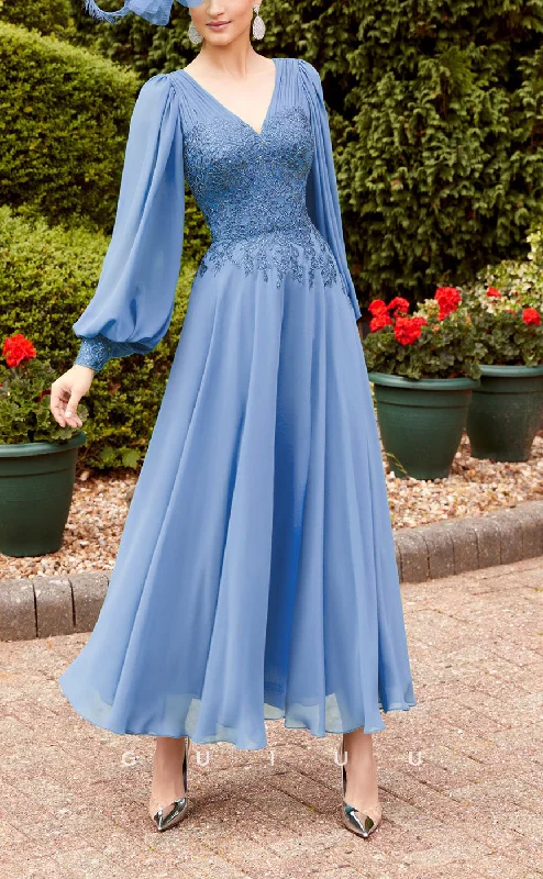 GM724 - Chic & Modern A-Line V-Neck Long Lantern Sleeves Lace Ankle-Length Mother of the Bride Dress Tunics Stylish elegant