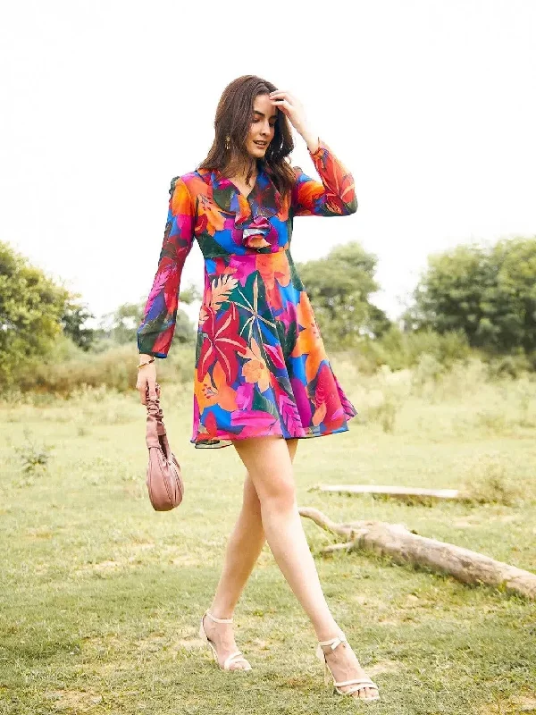 Frill Neck mini skater dress in Blue Print Tunics Summer linen