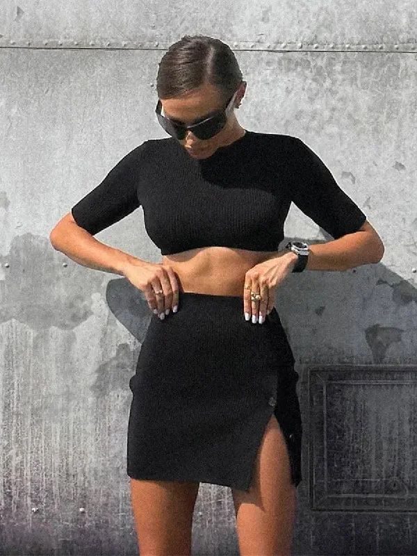 Ladies Crop Top Split Mini Skirt 2PCS Set FQS1845 Rayon Fabric Velvet Fabric Corduroy Fabric