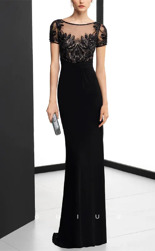GM701 - Chic & Classic Sheath Bateau Short Sleeves Beaded Floor-Length Mother of the Bride Dress Floral Print girly