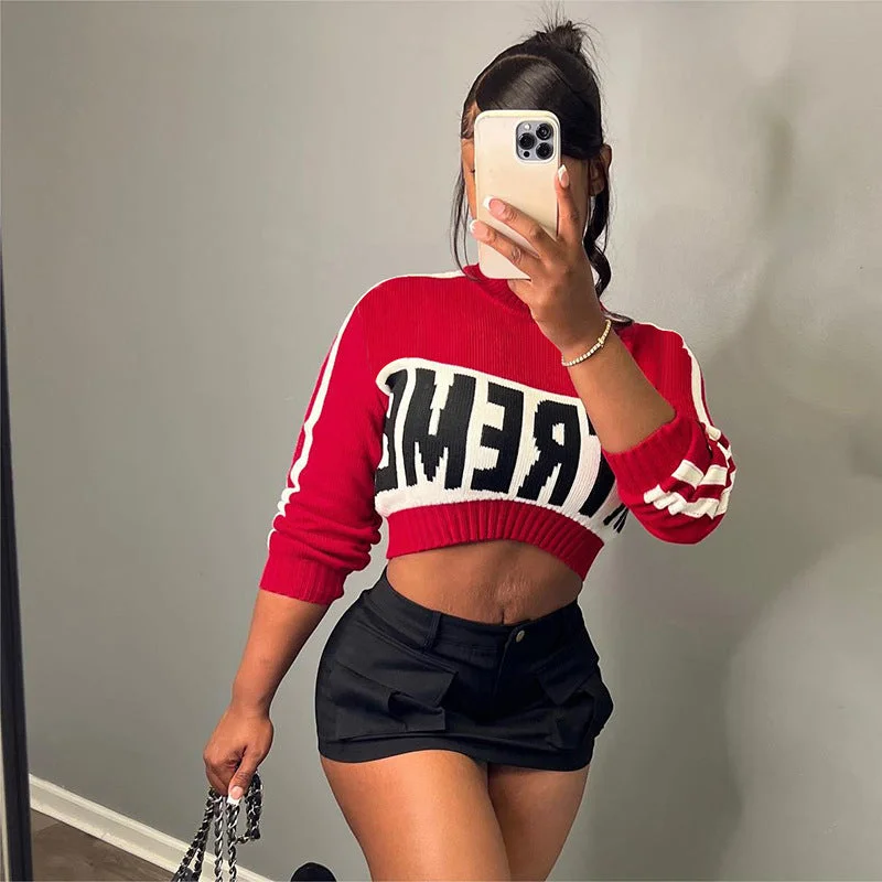 Knitted lettering long sleeve pullover slim fit crop top（CL12000） Chenille Blend Fleece Blend Nylon Blend