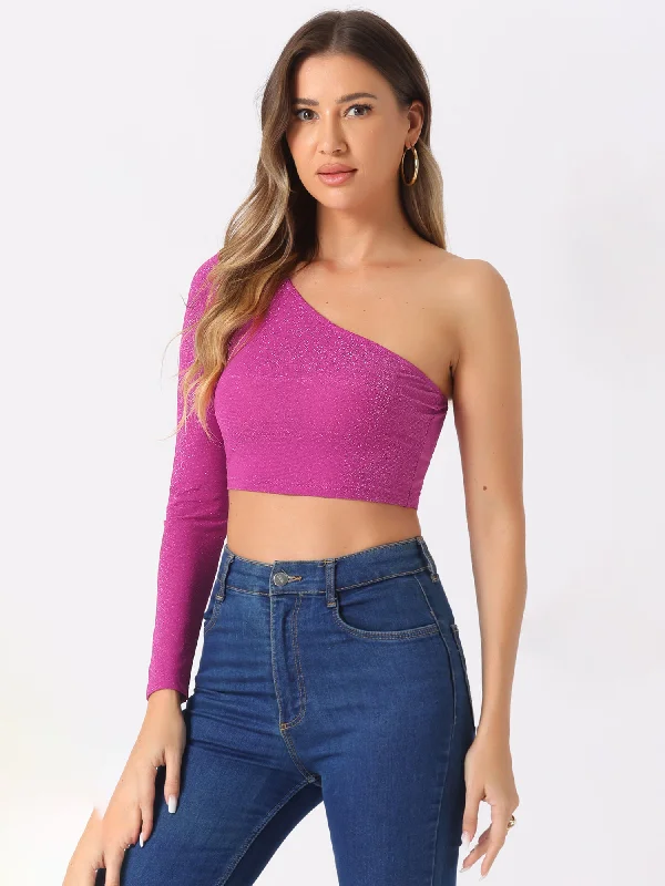 Glitter Crop Top Metallic Club Slim Fitted One Shoulder T-Shirt Lace Blend Ribbed Blend Corduroy Blend