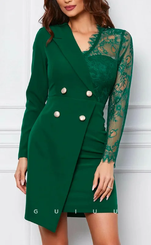 GM703 - Casual & Simple Sheath V-neck Paneled Satin & Lace Long Sleeves Short Mother of the Bride Dress Casual Short Summer