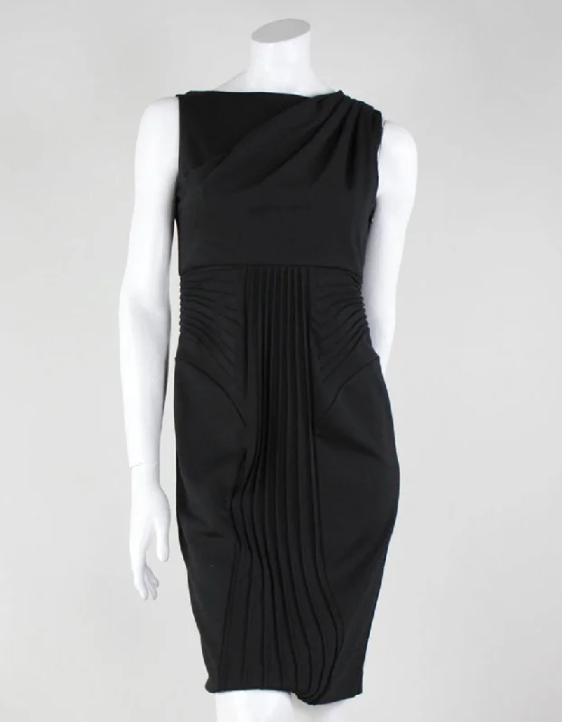 Catherine Malandrino Black Portrait Neck Sleeveless With Front Pleating To The Knee Dress Medium Tunics stripes playful