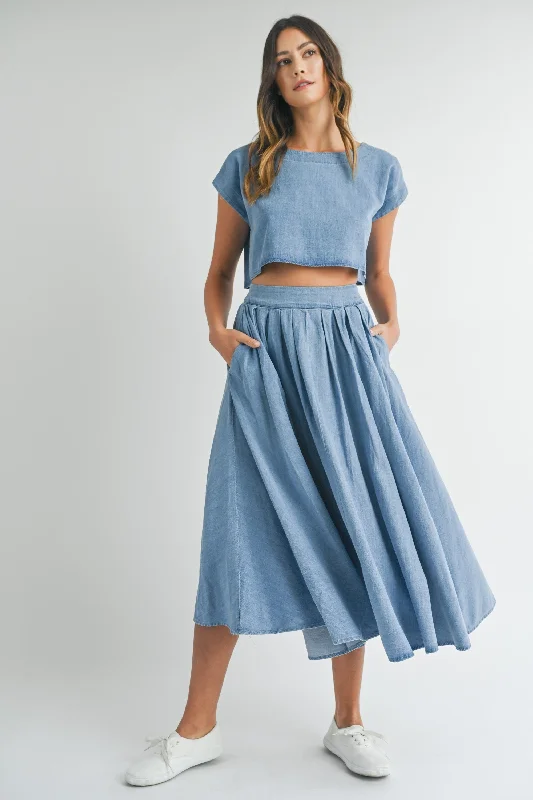 Blue Highway Denim Crop Top and Midi Skirt Cotton Fabric Linen Fabric Terry Fabric