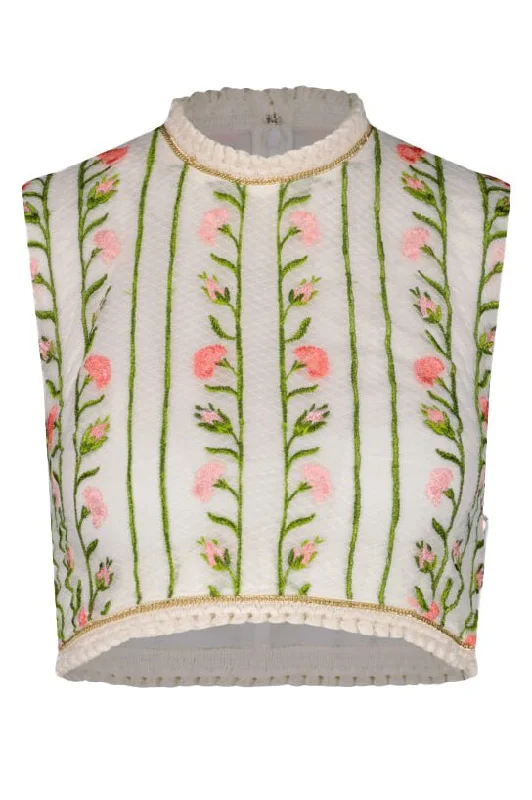 Sleeveless Embroidered Crop Top Zippered Buttoned Snapped