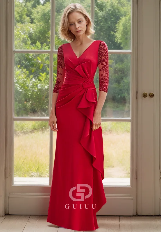 Sheath Lace 3/4 Long Sleeves V-Neck Ruched Floor-Length Mother of the Bride Dress Tunics Gym athletic
