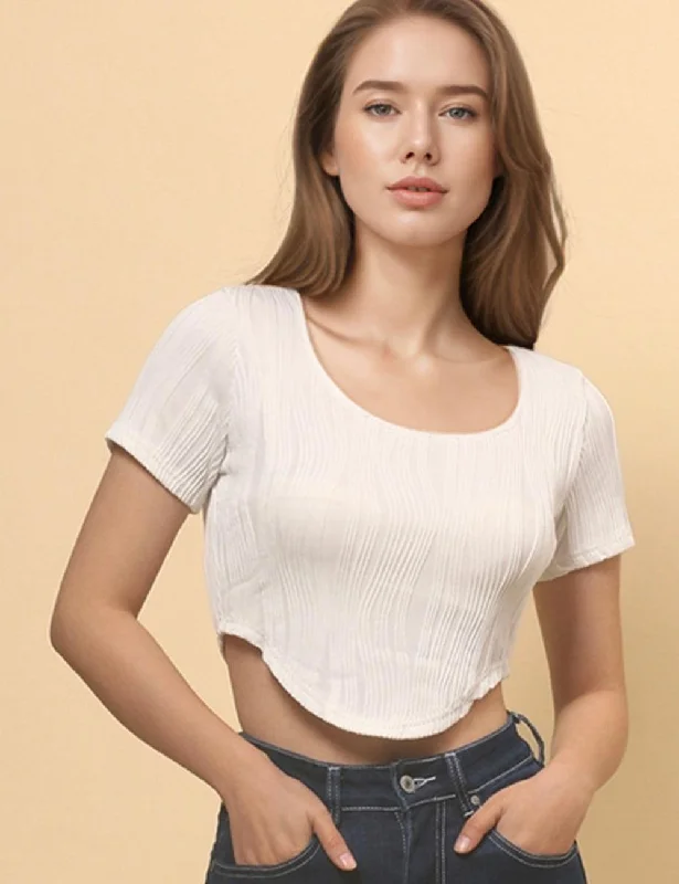 Ladies Crop Top Wave Tee Wrinkle Short Sleeves Pullover SKT4855 Cashmere Blend Cotton Blend Poly Blend